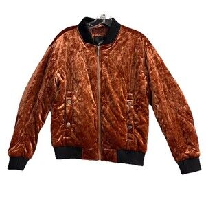 Women's Size S Bomber Velvet Jacket~Two-Toned Crushed Striped Trim~Trendy Brown